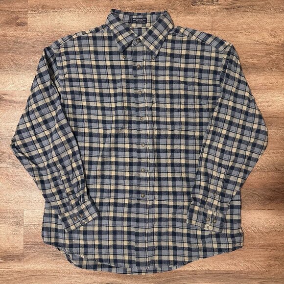 Van Heusen Casual Button Down Mens Large Beige Blue Plaid Brushed Cotton Flannel - Picture 1 of 5